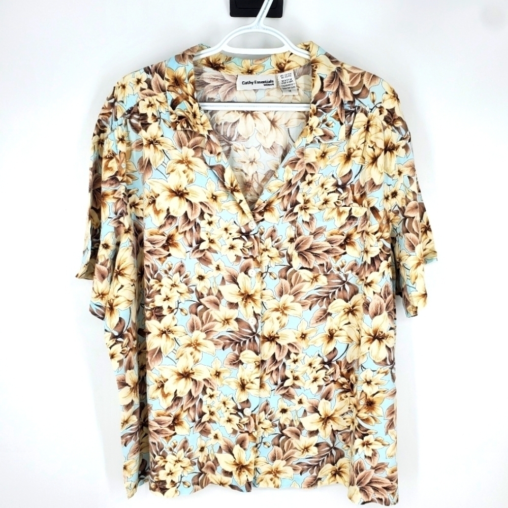 Cathy Essentials Hawaiian Button Down Shirt Women 2X Flowers